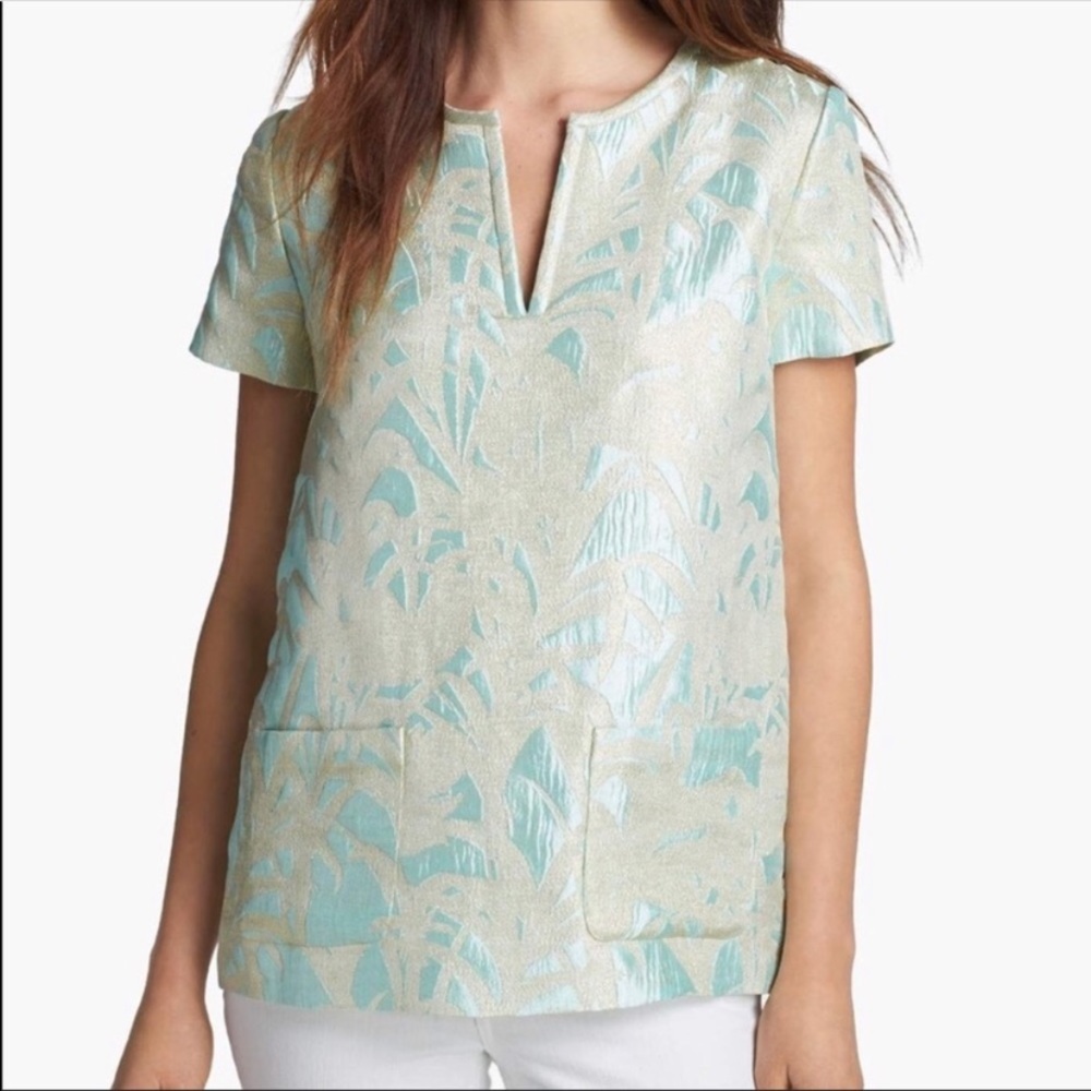 Kate Spade jacquard aqua gold top Size 8